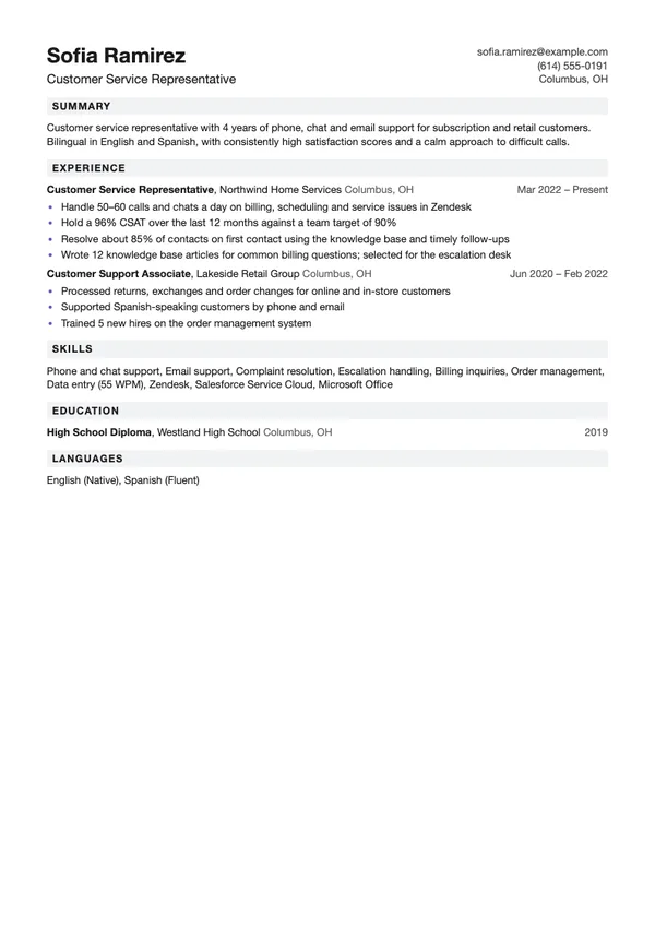 Sample customer service representative resume for fictional candidate Sofia Ramirez, Customer Service Representative, in the Compact template, showing summary, experience at Northwind Home Services, skills and education