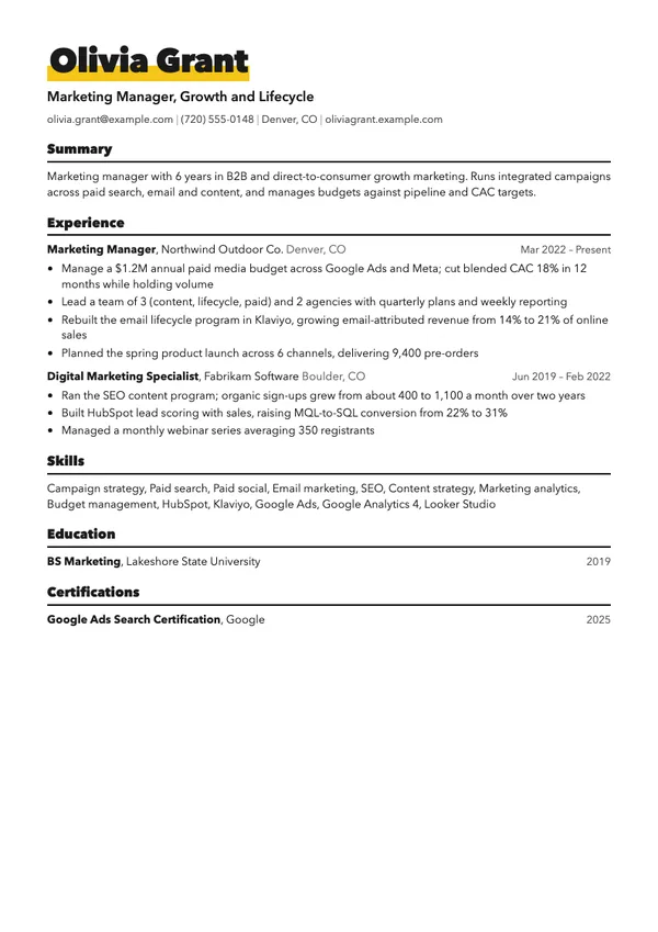 Sample marketing manager resume for fictional candidate Olivia Grant, Marketing Manager, Growth and Lifecycle, in the Bold template, showing summary, experience at Northwind Outdoor Co., skills and education