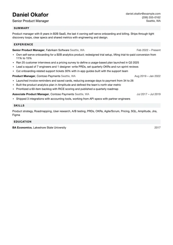 Sample product manager resume for fictional candidate Daniel Okafor, Senior Product Manager, in the Compact template, showing summary, experience at Fabrikam Software, skills and education