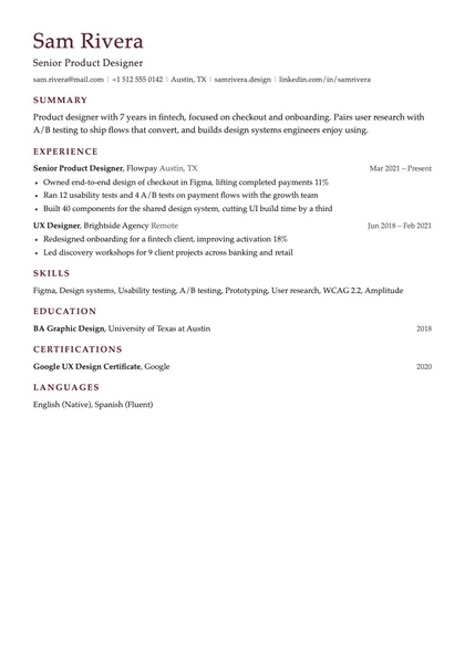Executive resume template with a sample product designer resume